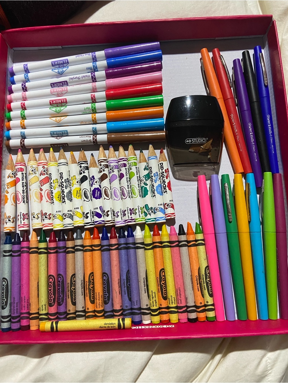 Crayola Pip Squeek pencils and Crayons, Elmer and Papermate Markers & Sharpener